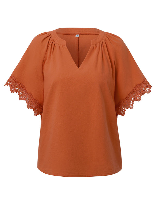 Blouses- Essential Swiss Short Sleeves Blouse V-Neck Top- - IndioGear.com