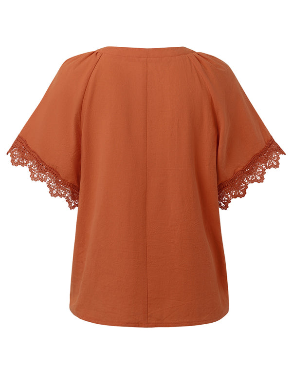 Blouses- Essential Swiss Short Sleeves Blouse V-Neck Top- - IndioGear.com