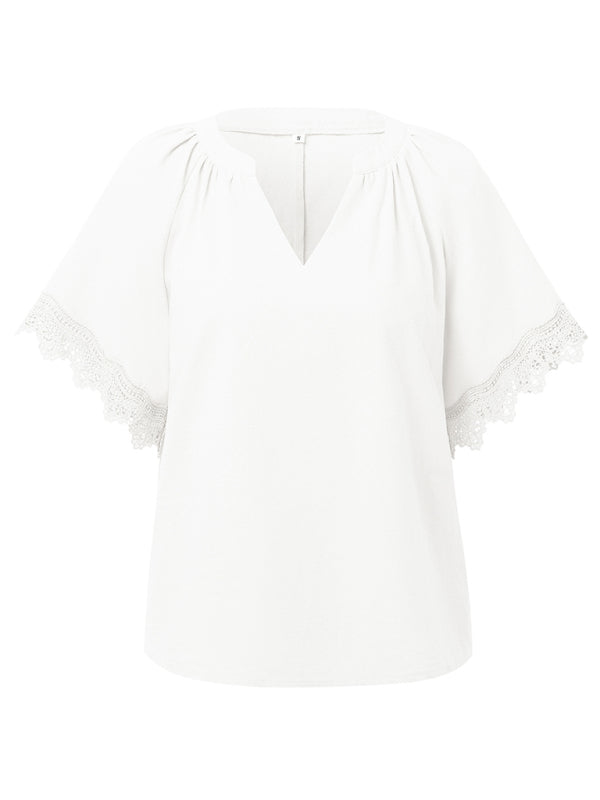 Blouses- Essential Swiss Short Sleeves Blouse V-Neck Top- - IndioGear.com