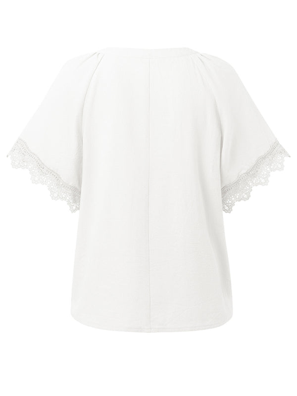 Blouses- Essential Swiss Short Sleeves Blouse V-Neck Top- - IndioGear.com