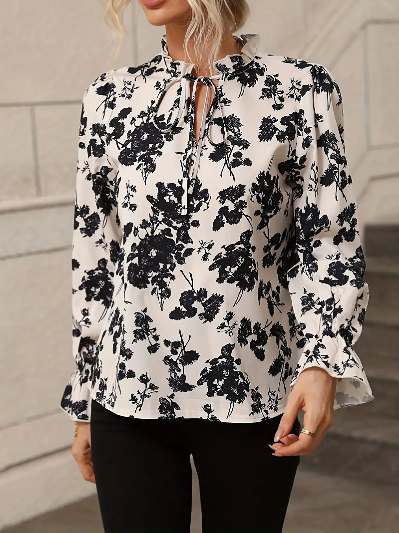 Blouses- Fall Black & White Floral Tie-Neck Blouse- - IndioGear.com