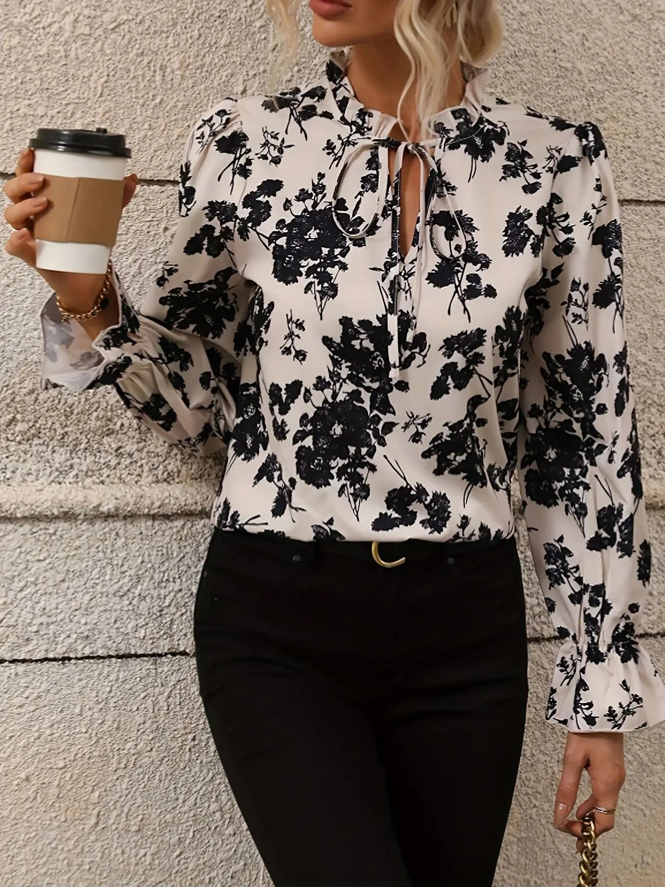 Blouses- Fall Black & White Floral Tie-Neck Blouse- - IndioGear.com