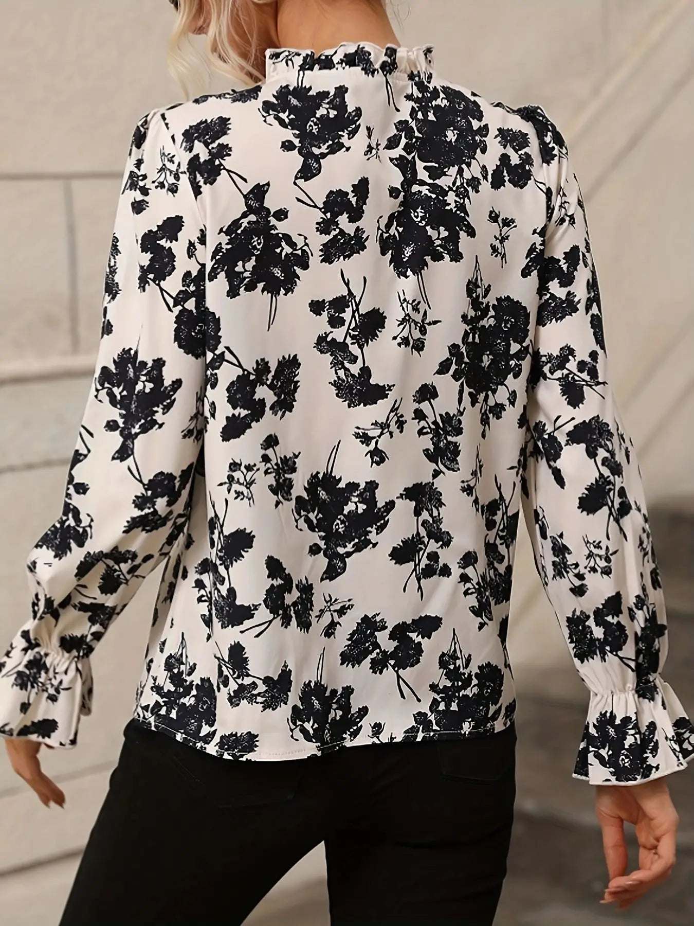 Blouses- Fall Black & White Floral Tie-Neck Blouse- - IndioGear.com