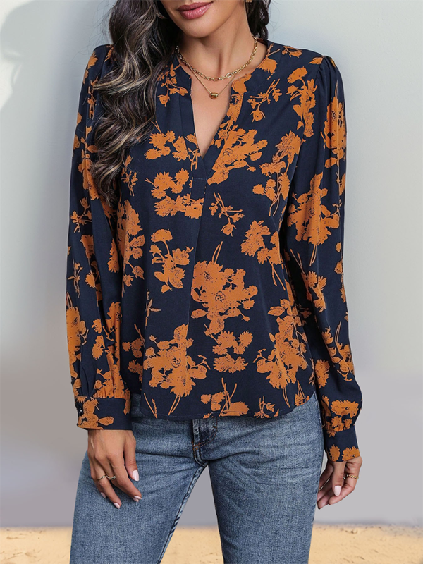 Blouses- Fall in Love Autumn Floral V-Neck Blouse- - IndioGear.com