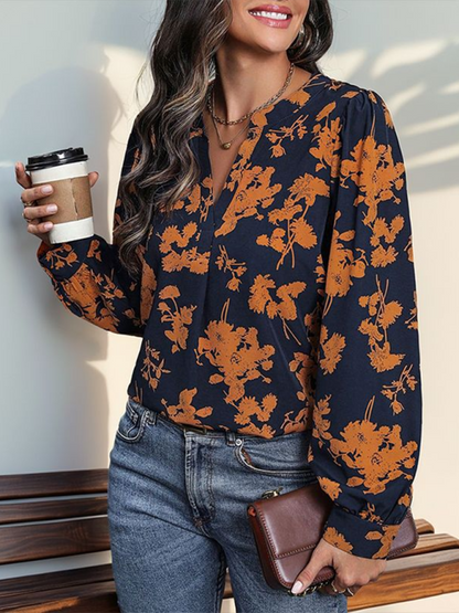 Blouses- Fall in Love Autumn Floral V-Neck Blouse- - IndioGear.com