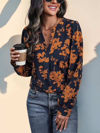 Blouses- Fall in Love Autumn Floral V-Neck Blouse- - IndioGear.com