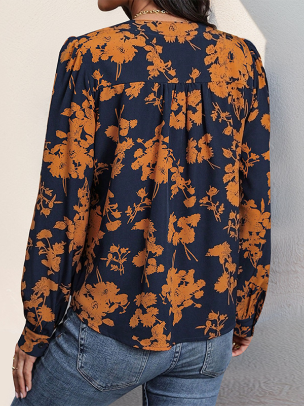 Blouses- Fall in Love Autumn Floral V-Neck Blouse- - IndioGear.com