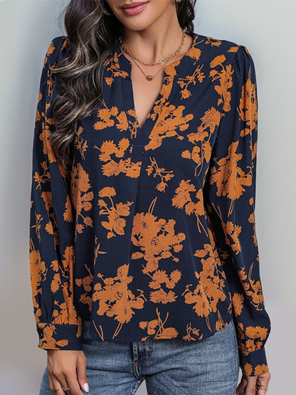 Blouses- Fall in Love Autumn Floral V-Neck Blouse- - IndioGear.com