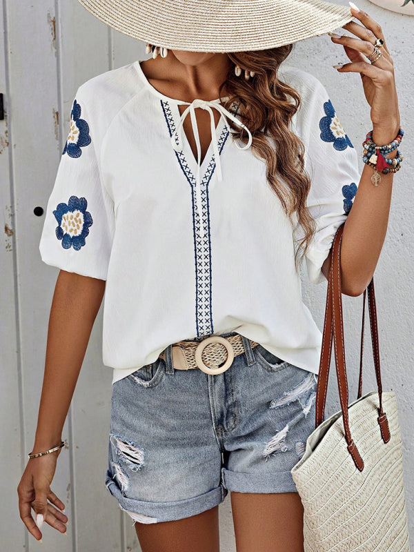 Blouses- Embroidered Floral V-Neck Women's Blouse for Stylish Summers- - IndioGear