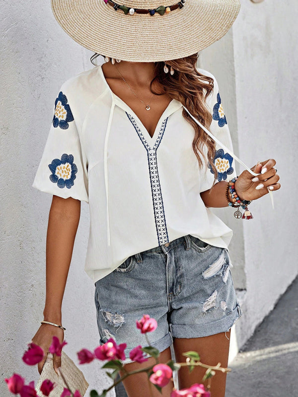 Blouses- Embroidered Floral V-Neck Women's Blouse for Stylish Summers- - IndioGear