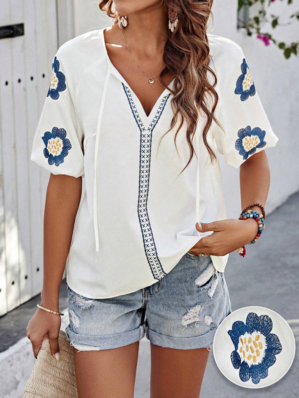 Blouses- Embroidered Floral V-Neck Women's Blouse for Stylish Summers- - IndioGear