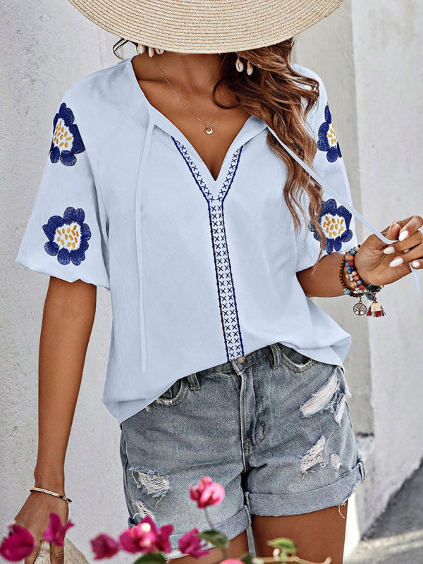 Blouses- Embroidered Floral V-Neck Women's Blouse for Stylish Summers- - IndioGear