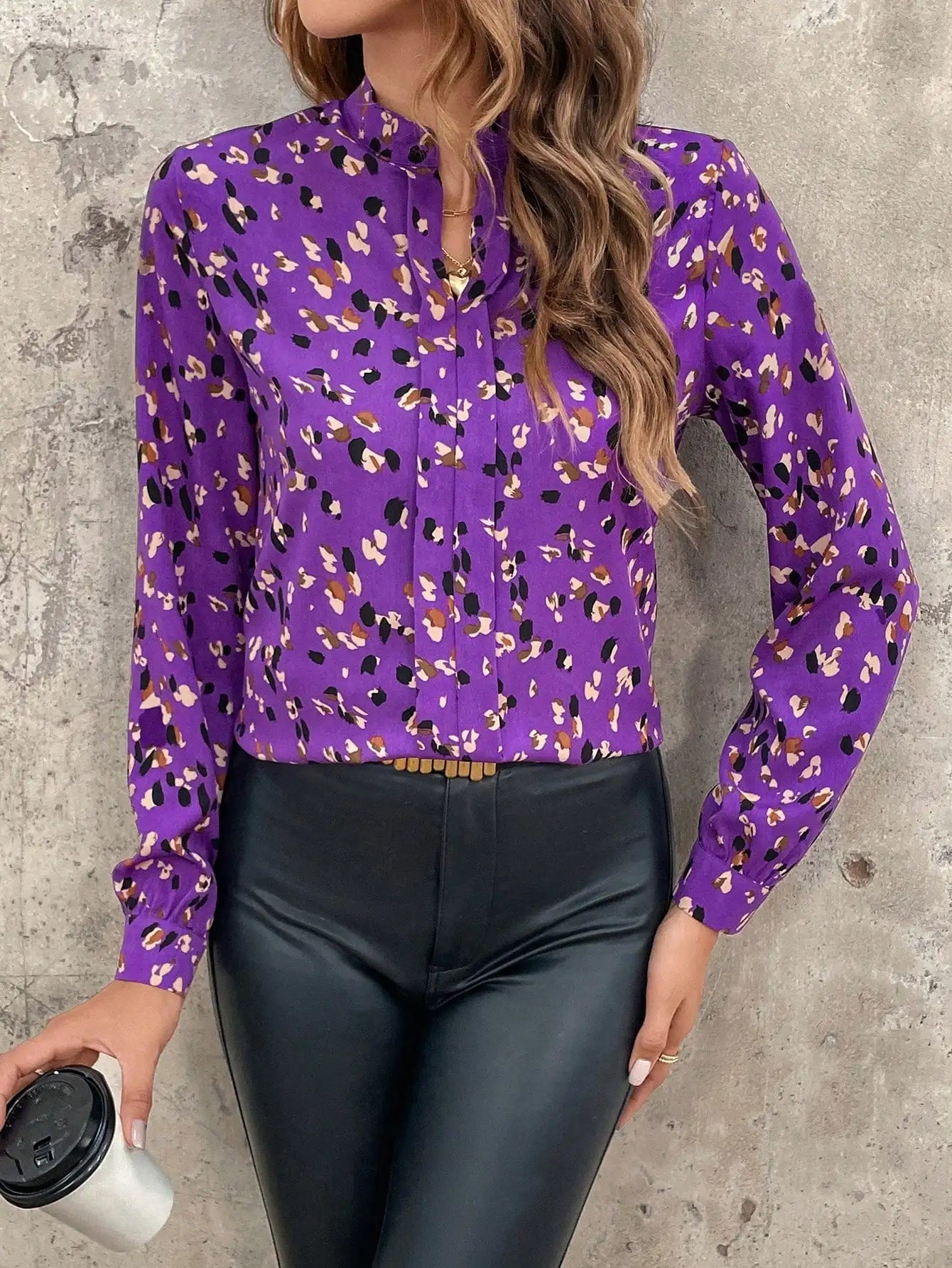 Blouses- Floral Everyday Blouse for Office Settings- Purple- IndioGear.com