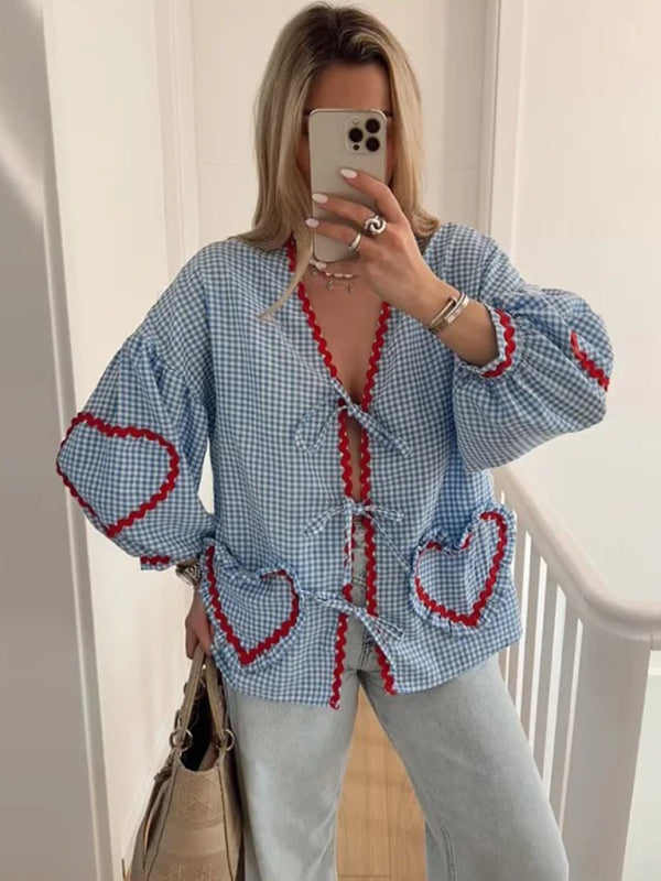 Blouses- Gingham Women's Vibrant Patchwork Puff Sleeve Top Blouse- Blue- IndioGear Fashion and Gear