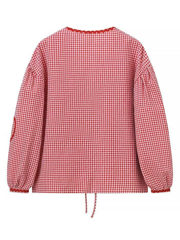 Blouses- Gingham Women's Vibrant Patchwork Puff Sleeve Top Blouse- - IndioGear Fashion and Gear