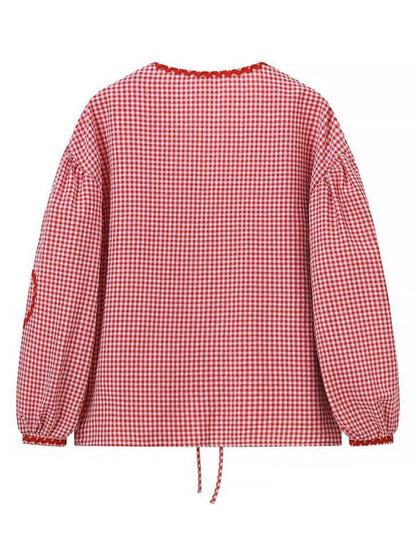 Blouses- Gingham Women's Vibrant Patchwork Puff Sleeve Top Blouse- - IndioGear Fashion and Gear