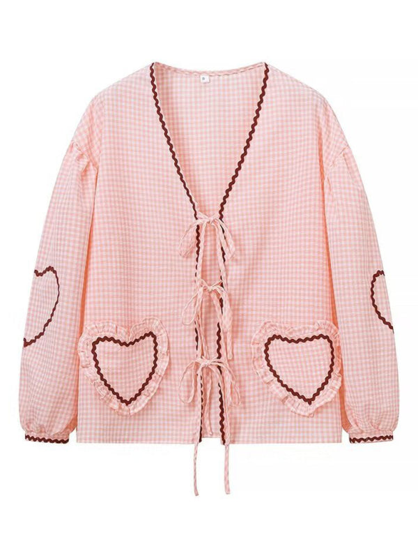 Blouses- Gingham Women's Vibrant Patchwork Puff Sleeve Top Blouse- Pink- IndioGear Fashion and Gear