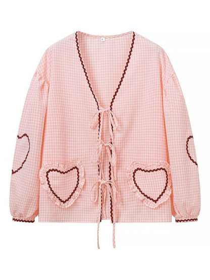 Blouses- Gingham Women's Vibrant Patchwork Puff Sleeve Top Blouse- Pink- IndioGear Fashion and Gear