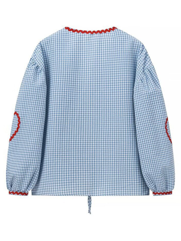 Blouses- Gingham Women's Vibrant Patchwork Puff Sleeve Top Blouse- - IndioGear Fashion and Gear