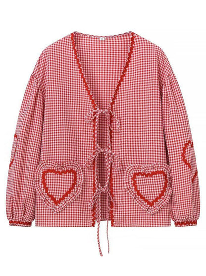 Blouses- Gingham Women's Vibrant Patchwork Puff Sleeve Top Blouse- - IndioGear Fashion and Gear