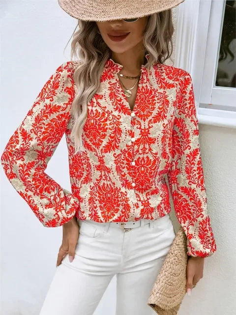 Blouses- Golden Damask Autumn Blouse with Long Sleeves- Red- IndioGear.com