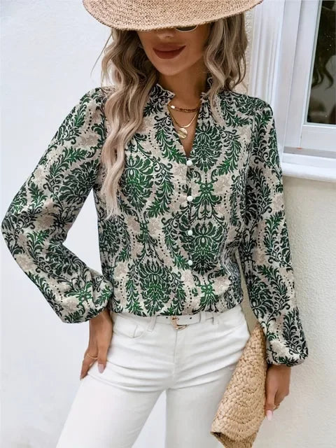 Blouses- Golden Damask Autumn Blouse with Long Sleeves- army green- IndioGear.com