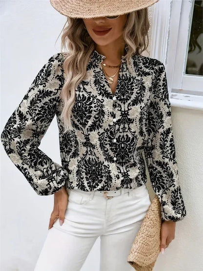 Blouses- Golden Damask Autumn Blouse with Long Sleeves- Black- IndioGear.com