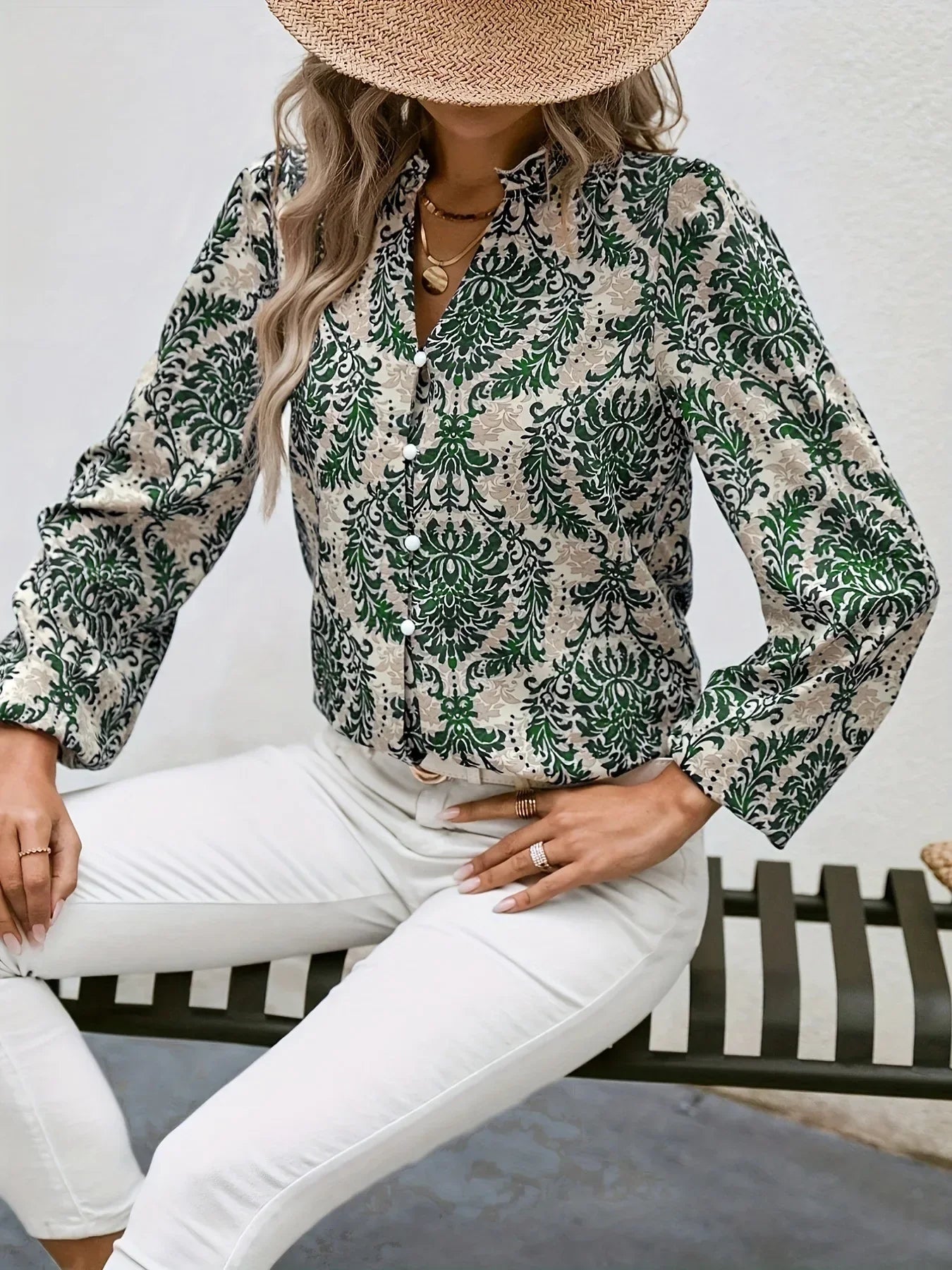 Blouses- Golden Damask Autumn Blouse with Long Sleeves- - IndioGear.com