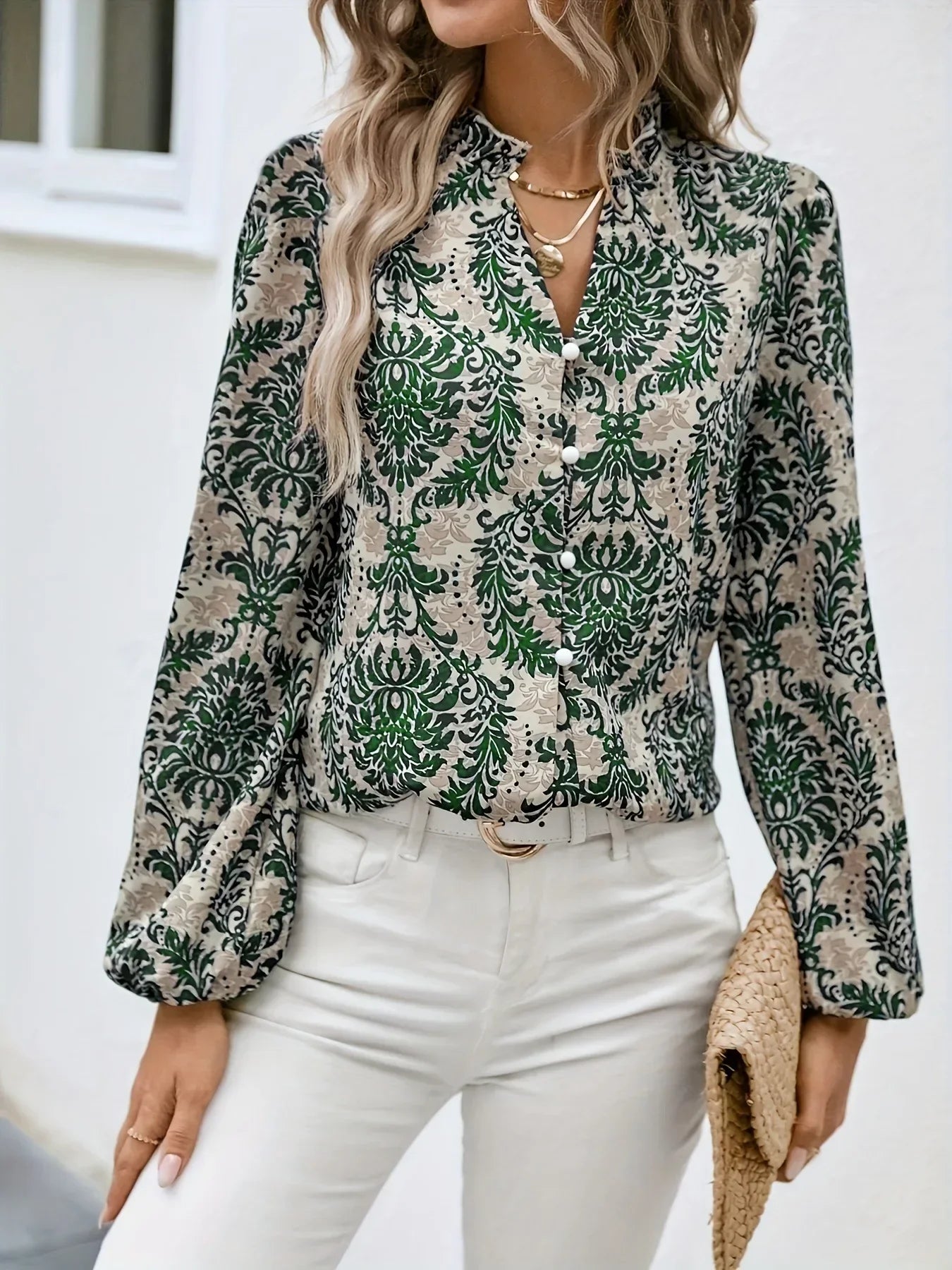 Blouses- Golden Damask Autumn Blouse with Long Sleeves- - IndioGear.com