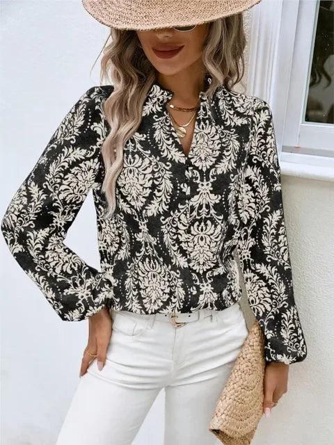 Blouses- Golden Damask Autumn Blouse with Long Sleeves- White- IndioGear.com