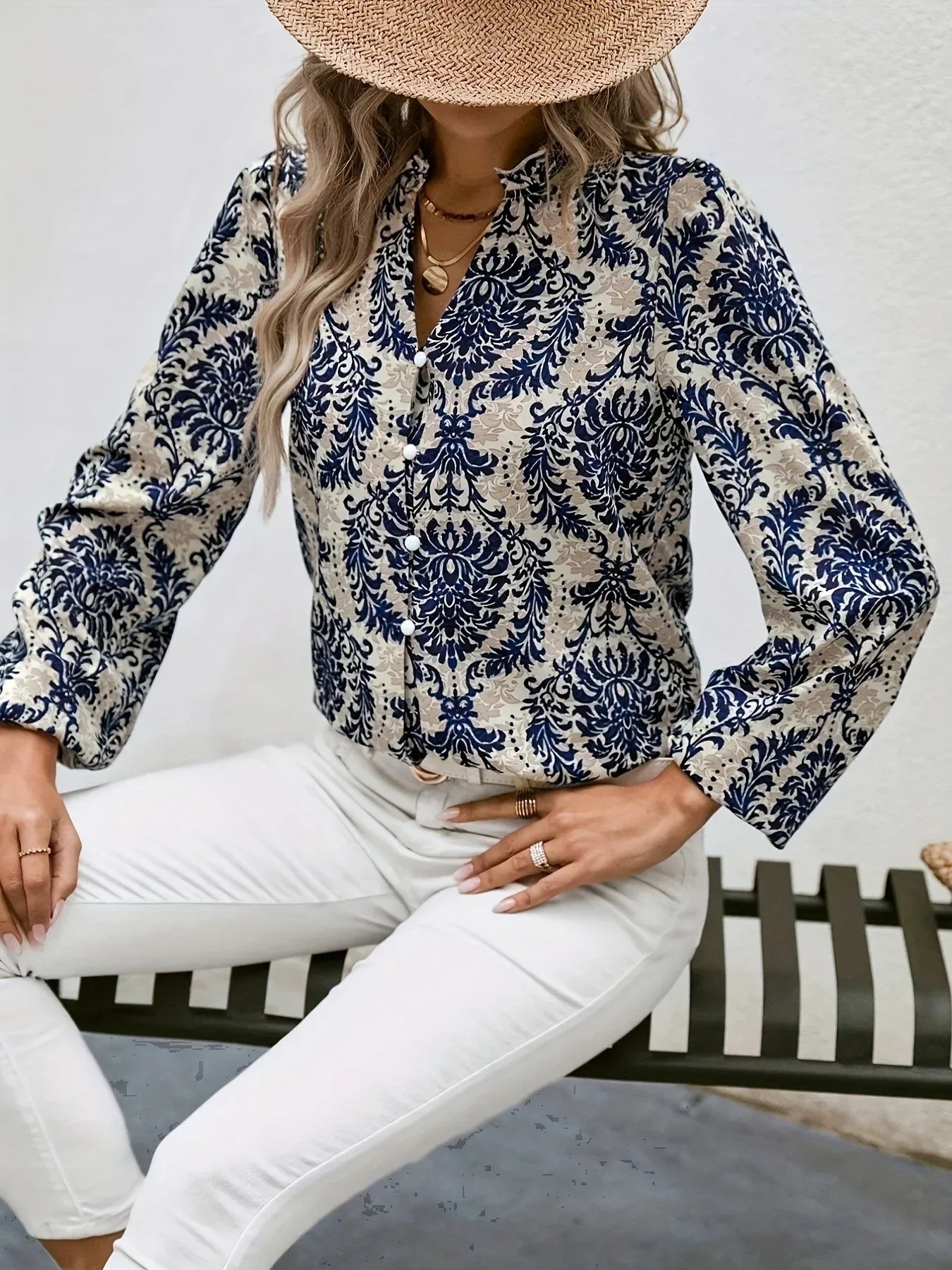 Blouses- Golden Damask Autumn Blouse with Long Sleeves- - IndioGear.com