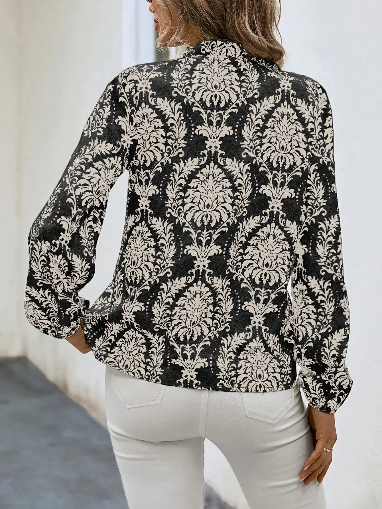 Blouses- Golden Damask Autumn Blouse with Long Sleeves- - IndioGear.com