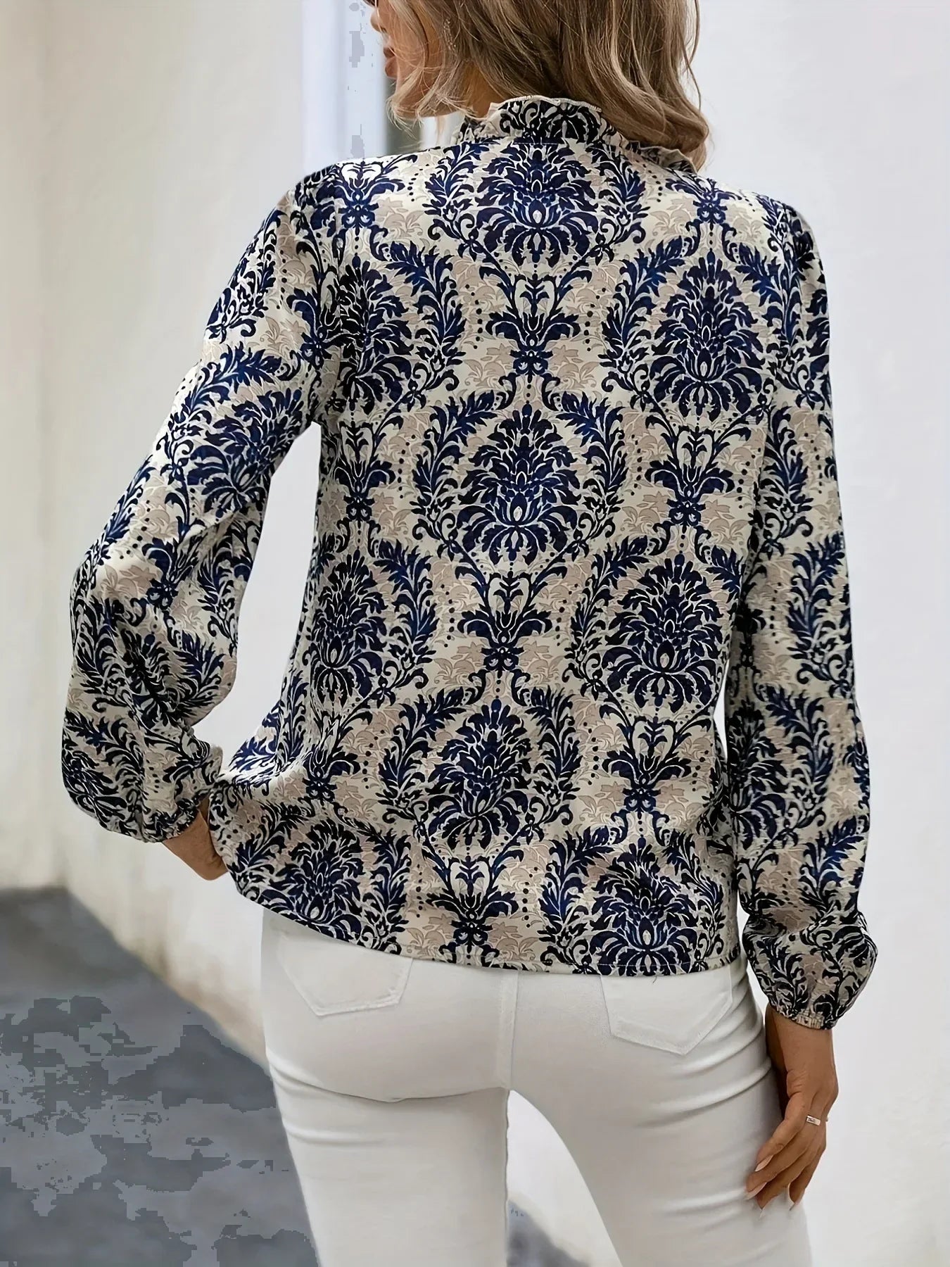 Blouses- Golden Damask Autumn Blouse with Long Sleeves- - IndioGear.com