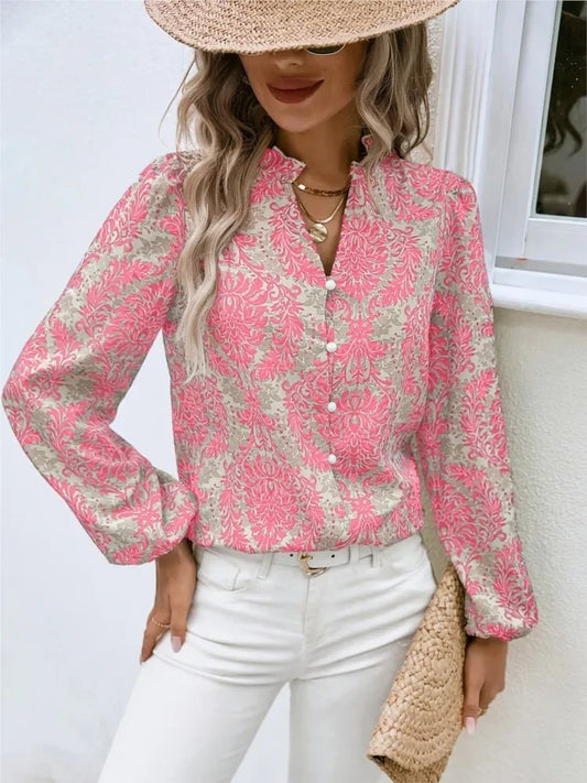 Blouses- Golden Damask Autumn Blouse with Long Sleeves- - IndioGear.com