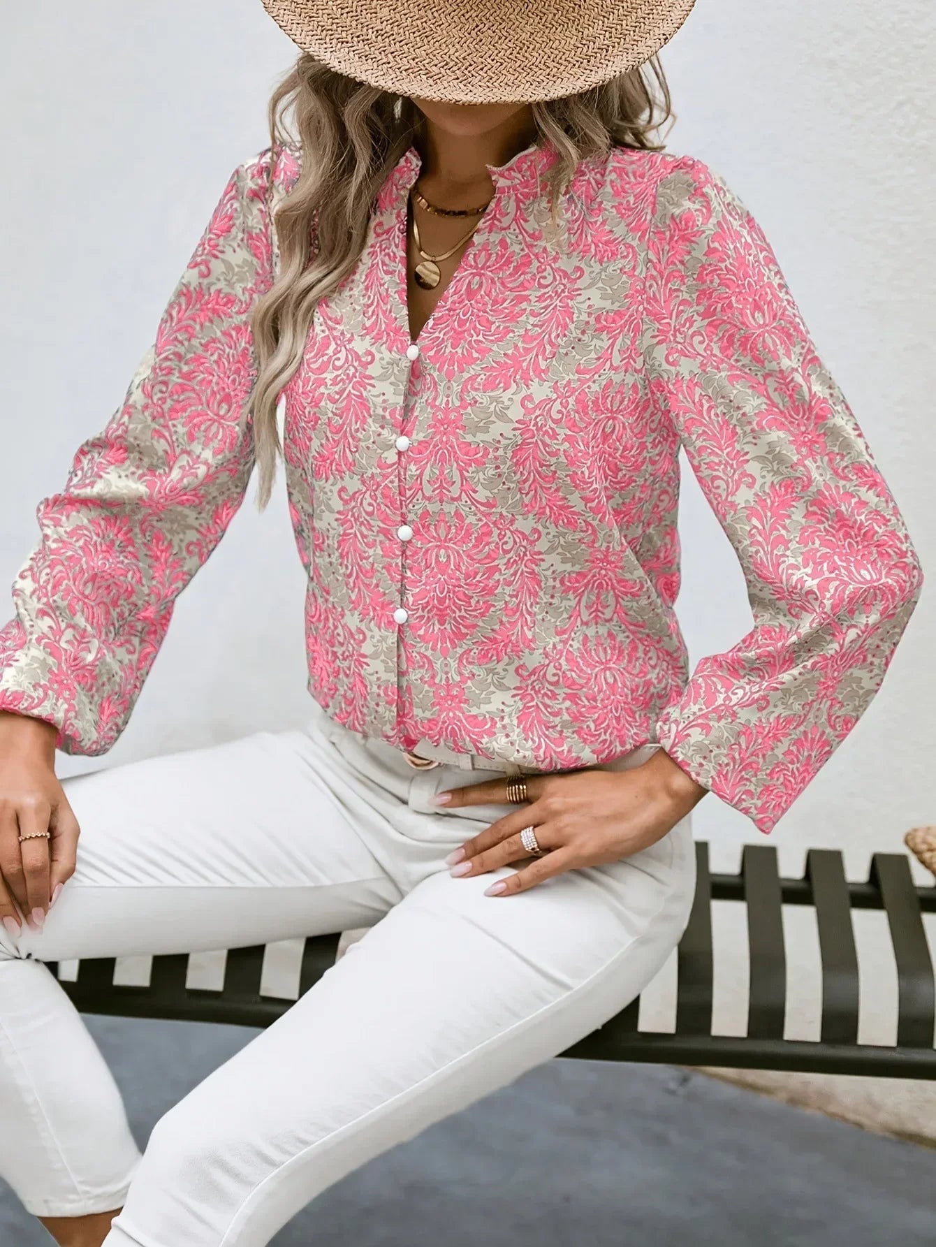 Blouses- Golden Damask Autumn Blouse with Long Sleeves- - IndioGear.com