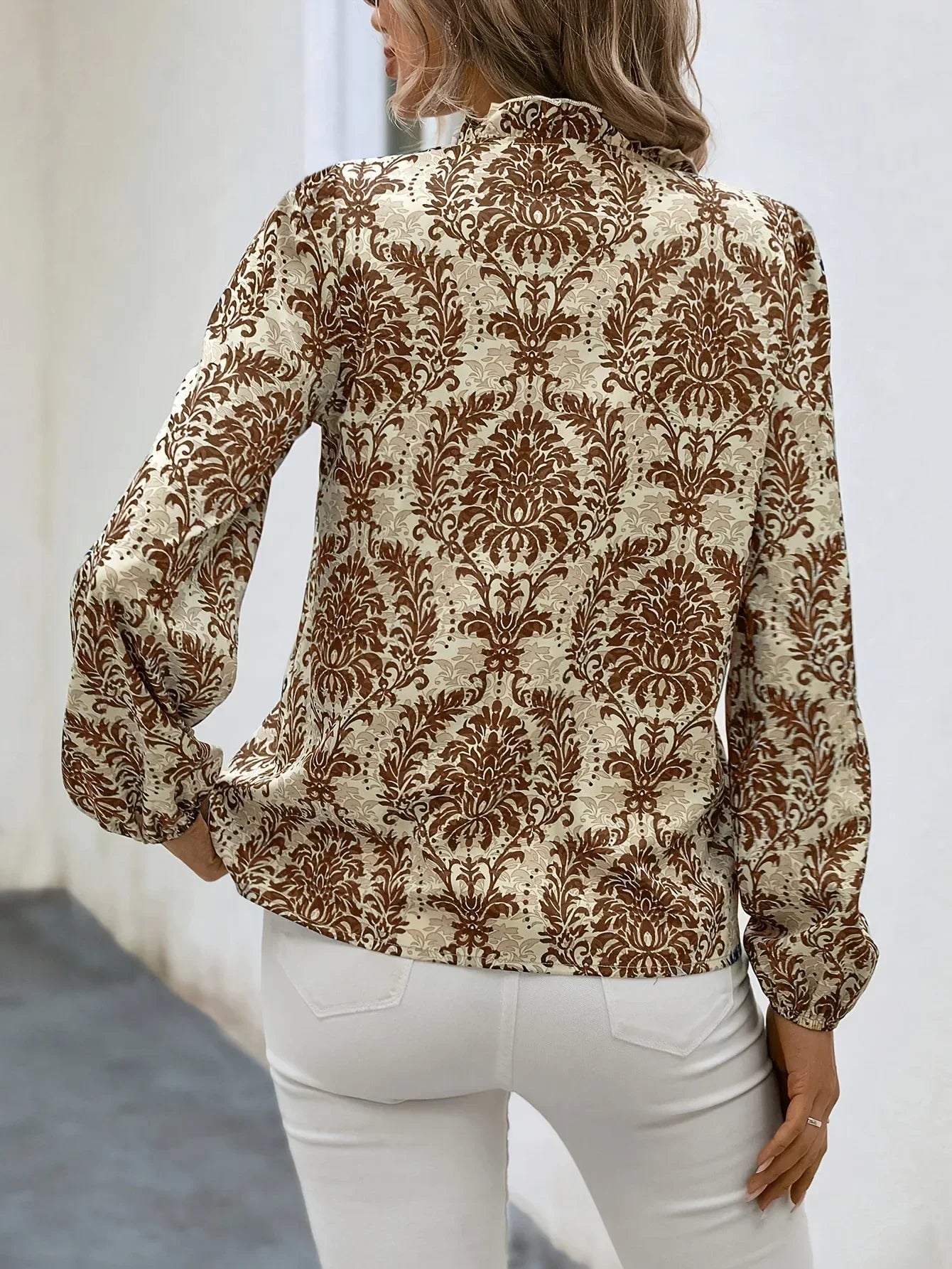 Blouses- Golden Damask Autumn Blouse with Long Sleeves- - IndioGear.com