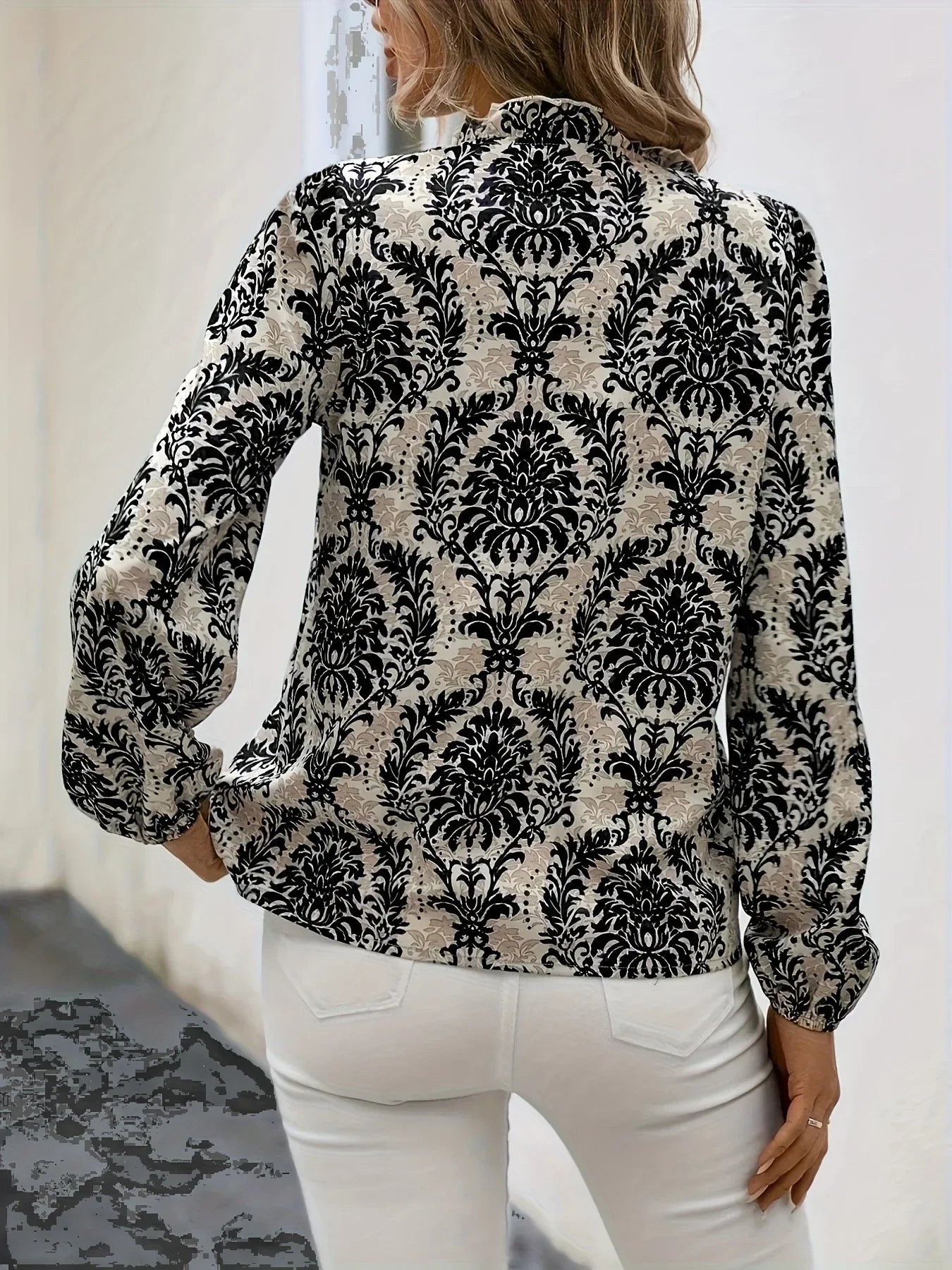 Blouses- Golden Damask Autumn Blouse with Long Sleeves- - IndioGear.com