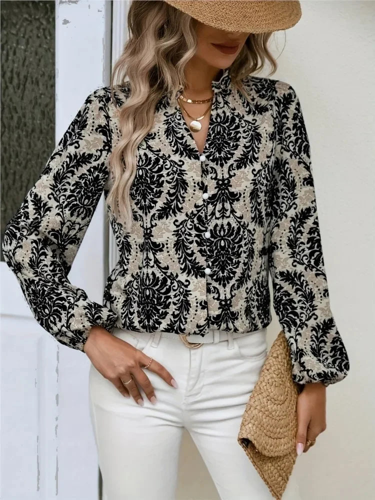 Blouses- Golden Damask Autumn Blouse with Long Sleeves- - IndioGear.com