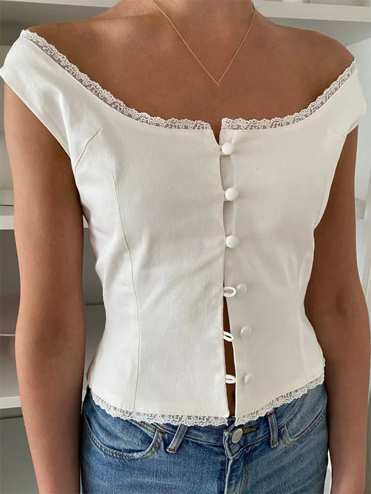 Blouses- Lace Trim Sleeveless Blouse - Scoop Neck Button-Up Top- - Chuzko Women Clothing