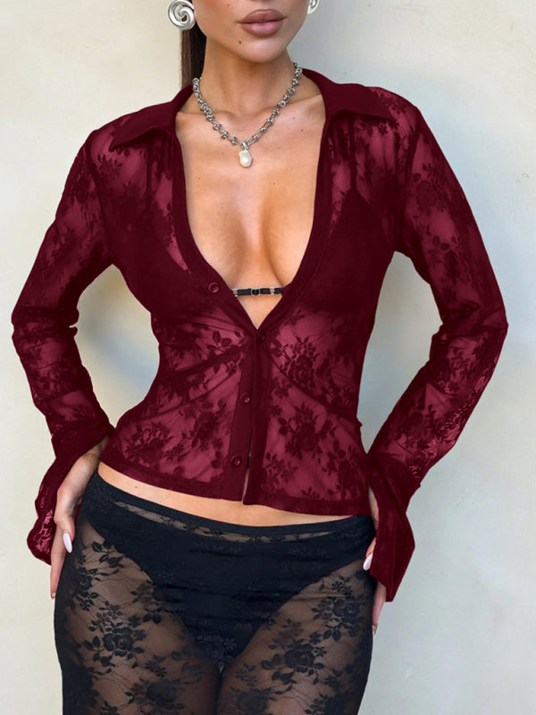 Blouses- Lace V-Neck Blouse See-through Business Casual Top- Wine Red- IndioGear Women Clothing