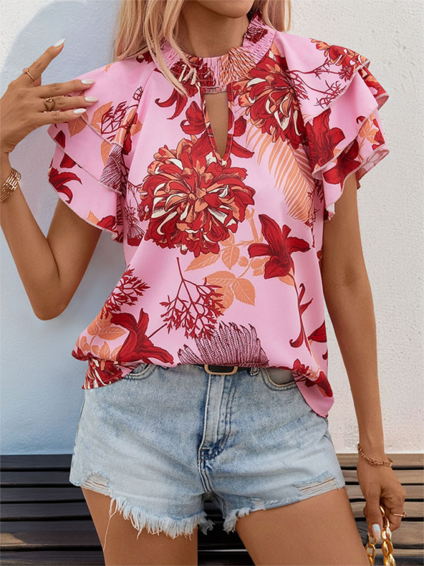 Blouses- Layered Sleeve Blouse - Women's Floral Print Top- - IndioGear.com