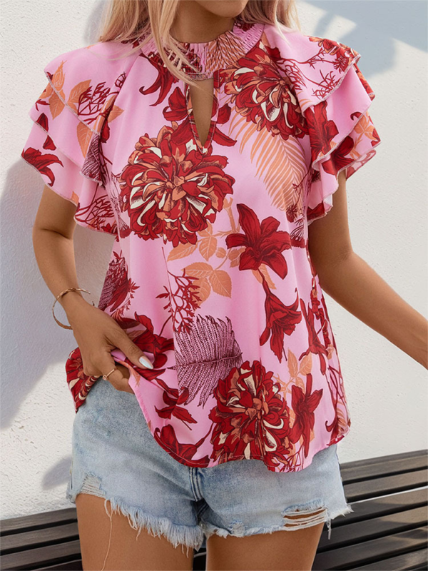 Blouses- Layered Sleeve Blouse - Women's Floral Print Top- Red- IndioGear.com