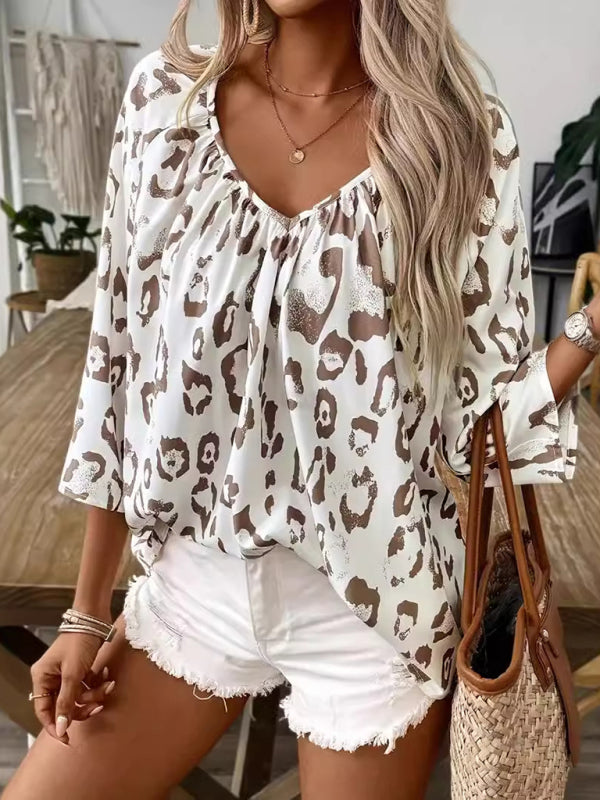 Blouses- Leopard Print Loose Blouse with 3/4 Sleeves- - IndioGear Women Clothing