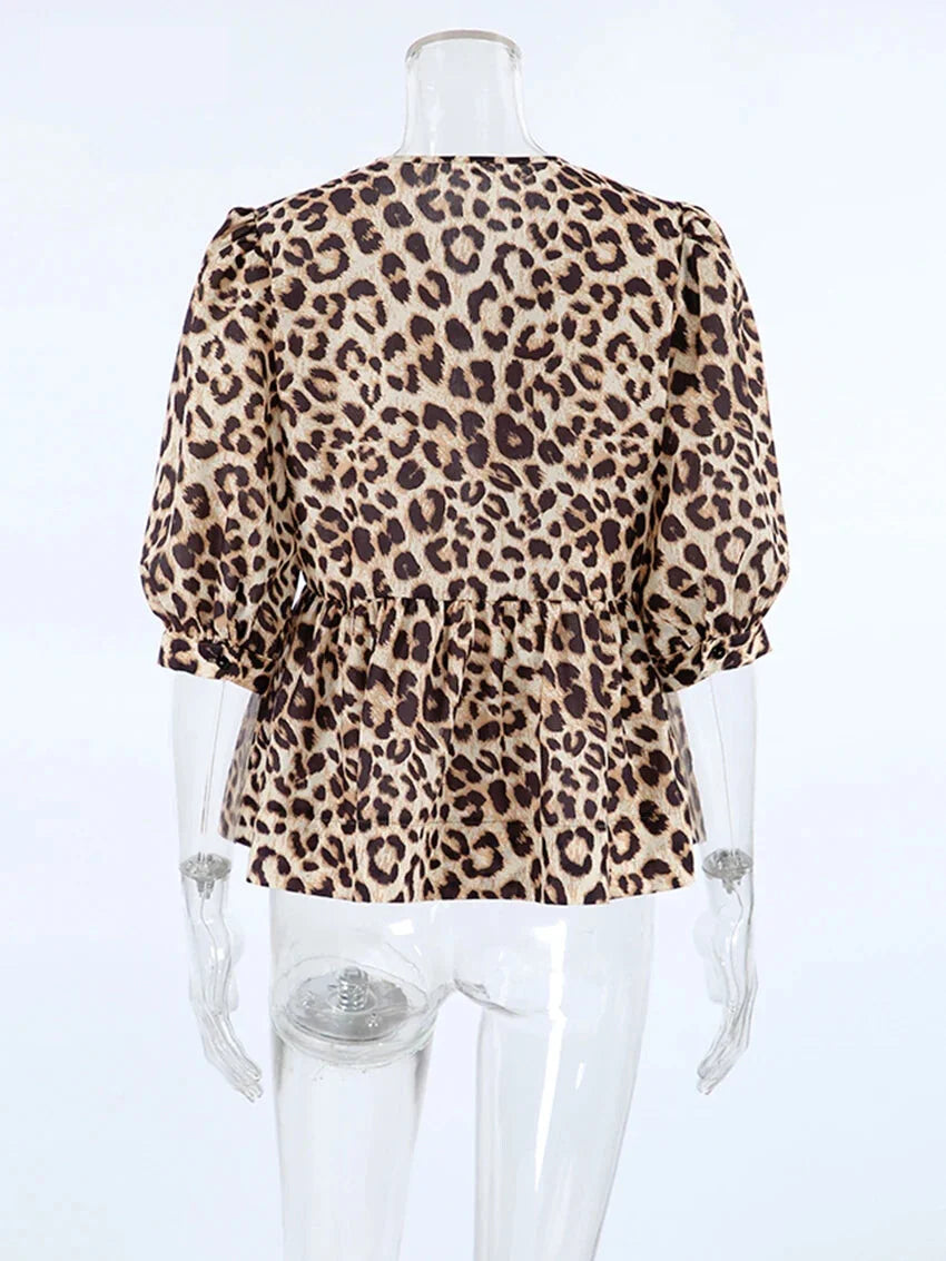 Blouses- Leopard Print Tie-Up Peplum Blouse- - Chuzko Women Clothing