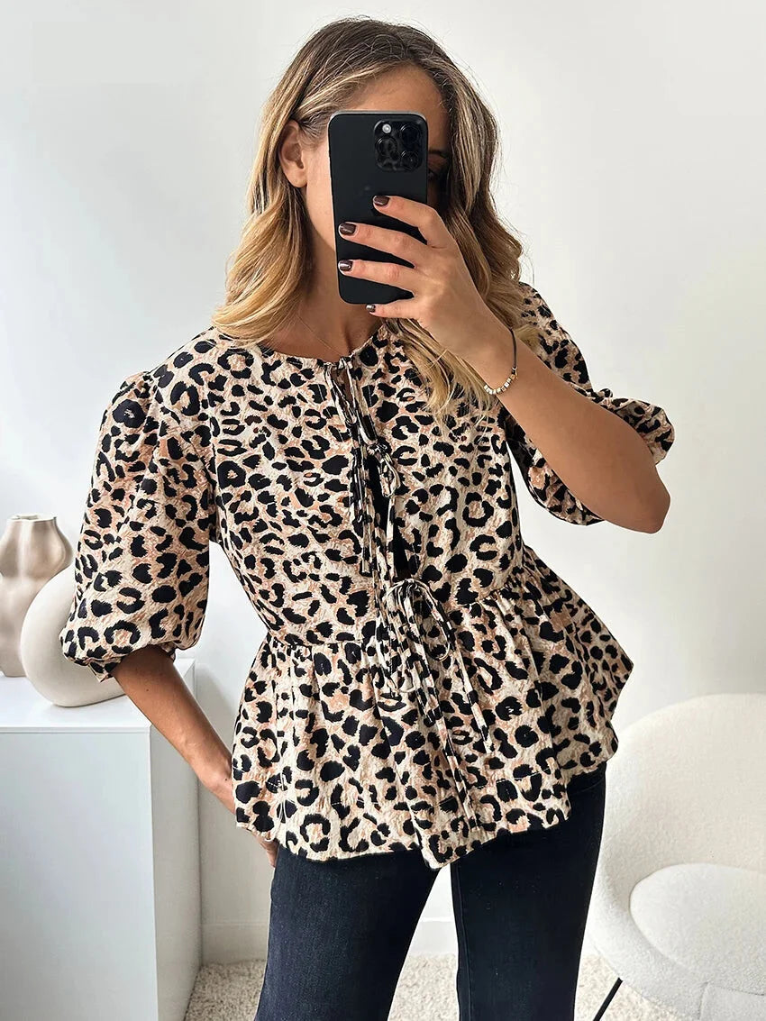 Blouses- Leopard Print Tie-Up Peplum Blouse- Khaki- Chuzko Women Clothing