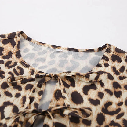 Blouses- Leopard Print Tie-Up Peplum Blouse- - Chuzko Women Clothing