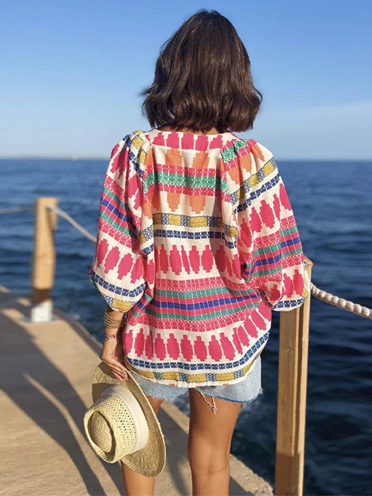 Blouses- Long Sleeve Colorful Geometric Print Blouse- - IndioGear.com