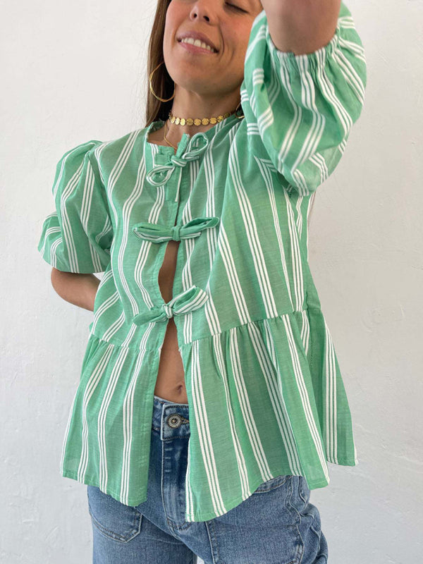 Blouses- Lovely in Stripes Women's Tie-Up Puff Sleeves Blouse with Romantic Touch- Green- IndioGear Fashion and Gear