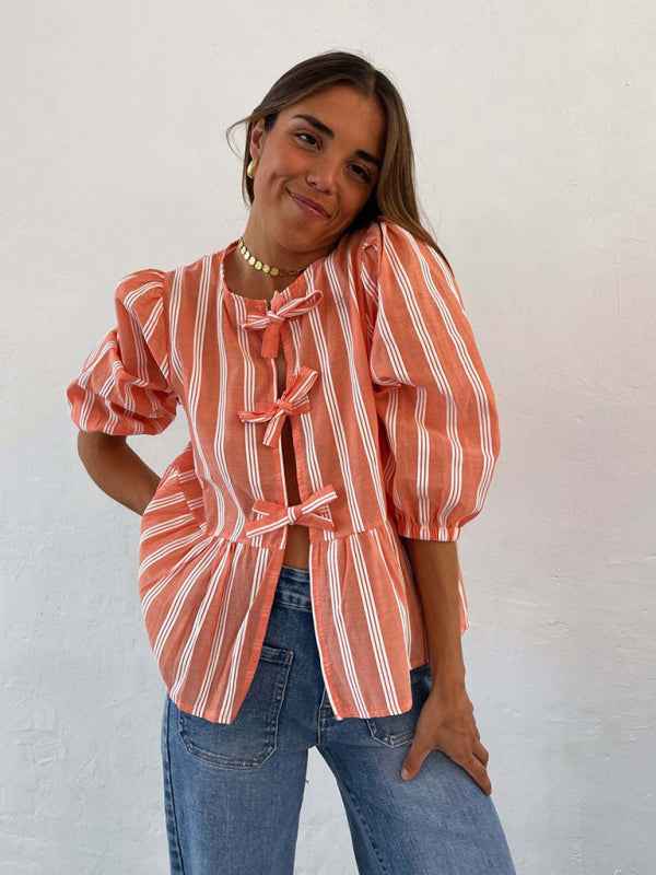 Blouses- Lovely in Stripes Women's Tie-Up Puff Sleeves Blouse with Romantic Touch- Orange- IndioGear Fashion and Gear