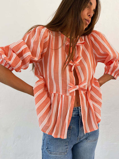 Blouses- Lovely in Stripes Women's Tie-Up Puff Sleeves Blouse with Romantic Touch- - IndioGear Fashion and Gear